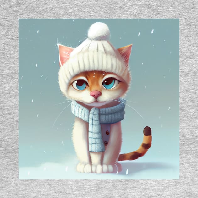 Cute Cat with a Scarf and Hat in Winter Scenery by KOTOdesign